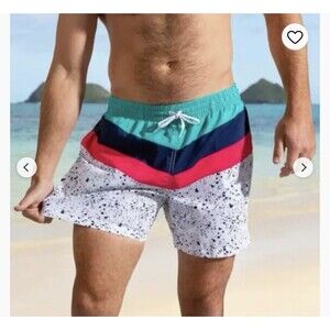 Chubbies Aquatic Libations Colorblock Splatter Swim Trunks in 5.5” Inseam L Flaw